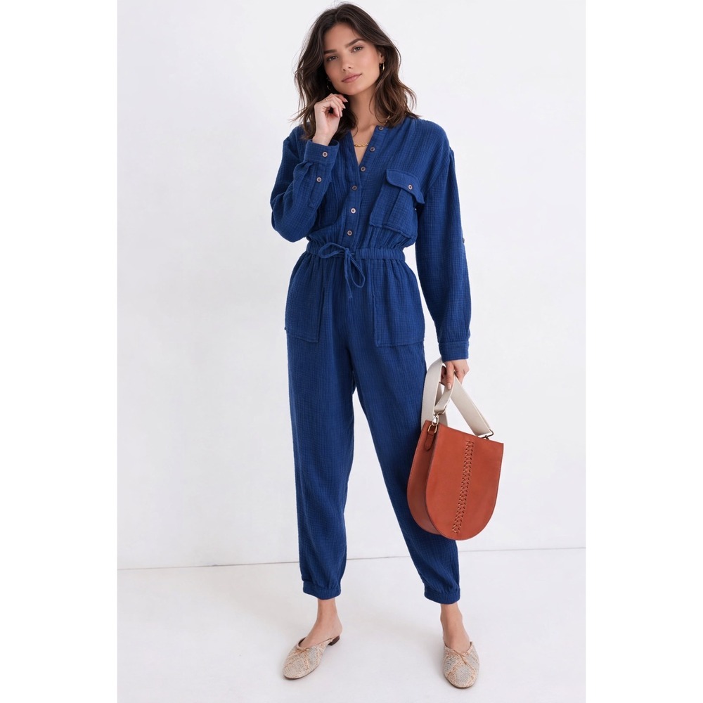 MADEWEL Blue 100% Cotton Jumpsuit Utility Button Front Pockets Women's 14